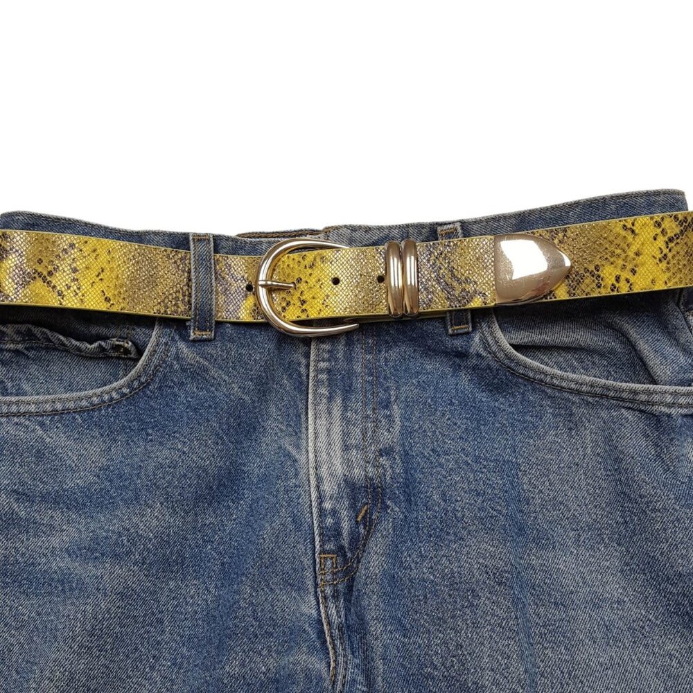Yellow Python snake printed leather belt with gol… - image 2